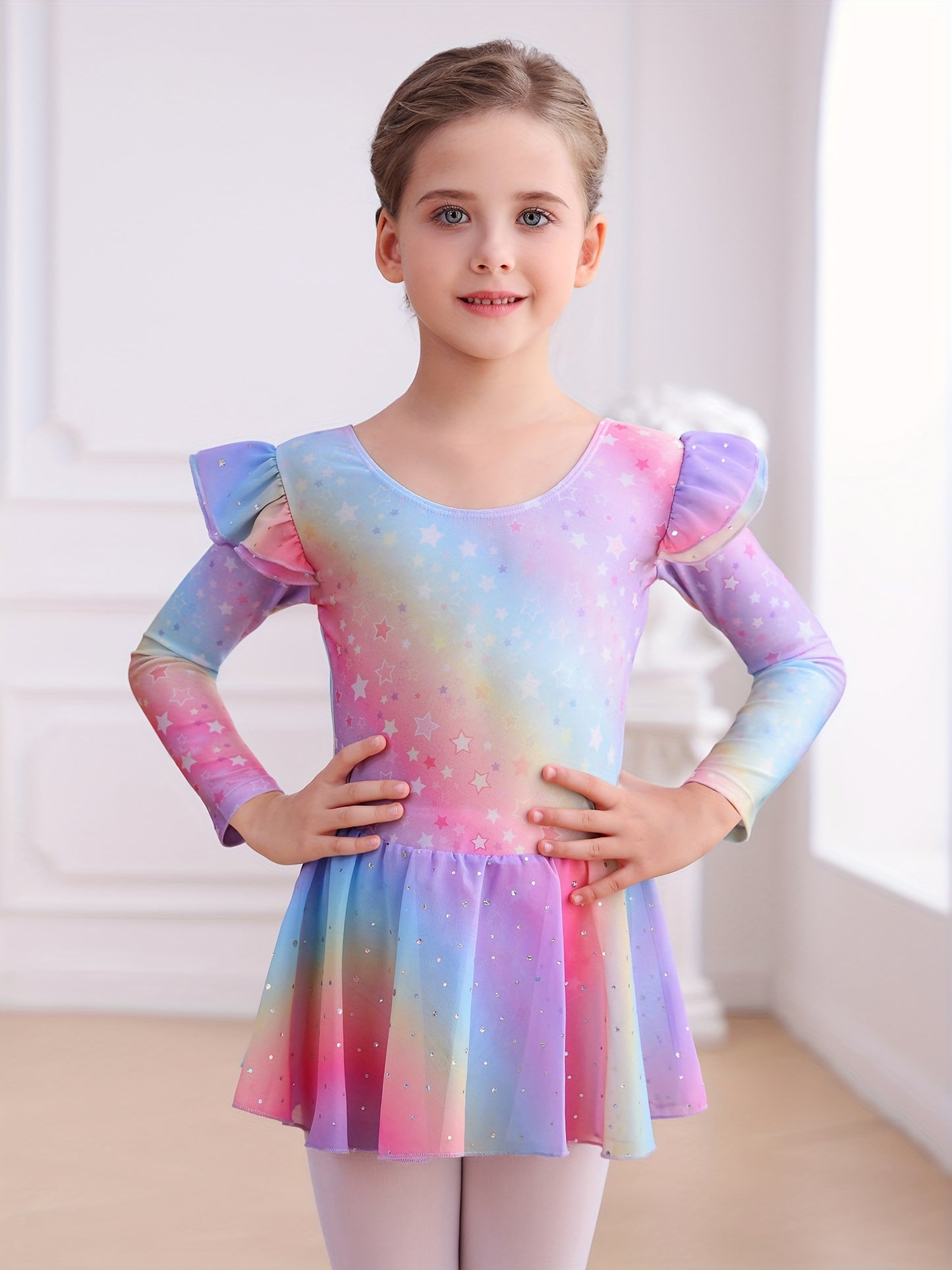Easter Girl Clothes, Girls' Clothing, Girls' Dance Dress, Autumn And Winter Long-sleeve New Rainbow Star Pattern Tulle Dress, Sweet And Cute Sequin Chiffon Dress, Children's Ballet Dress, Leotard Tulle Dress