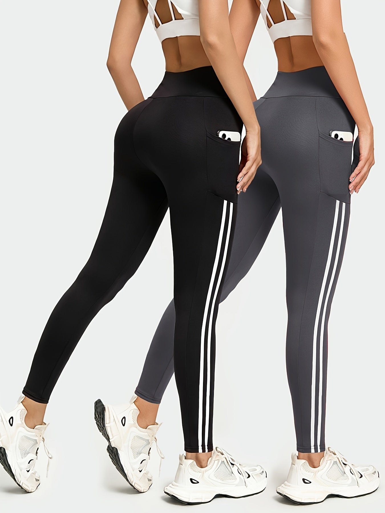 2pcs Set High-Waisted Yoga Leggings, Double-Stripe Design with Pockets, Ultra-Stretch, Comfortable & Machine Washable, Yoga & Fitness Workouts, All-Season Wear | Fashion Activewear | High-Stretch Fabric