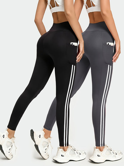 2pcs Set High-Waisted Yoga Leggings, Double-Stripe Design with Pockets, Ultra-Stretch, Comfortable & Machine Washable, Yoga & Fitness Workouts, All-Season Wear | Fashion Activewear | High-Stretch Fabric
