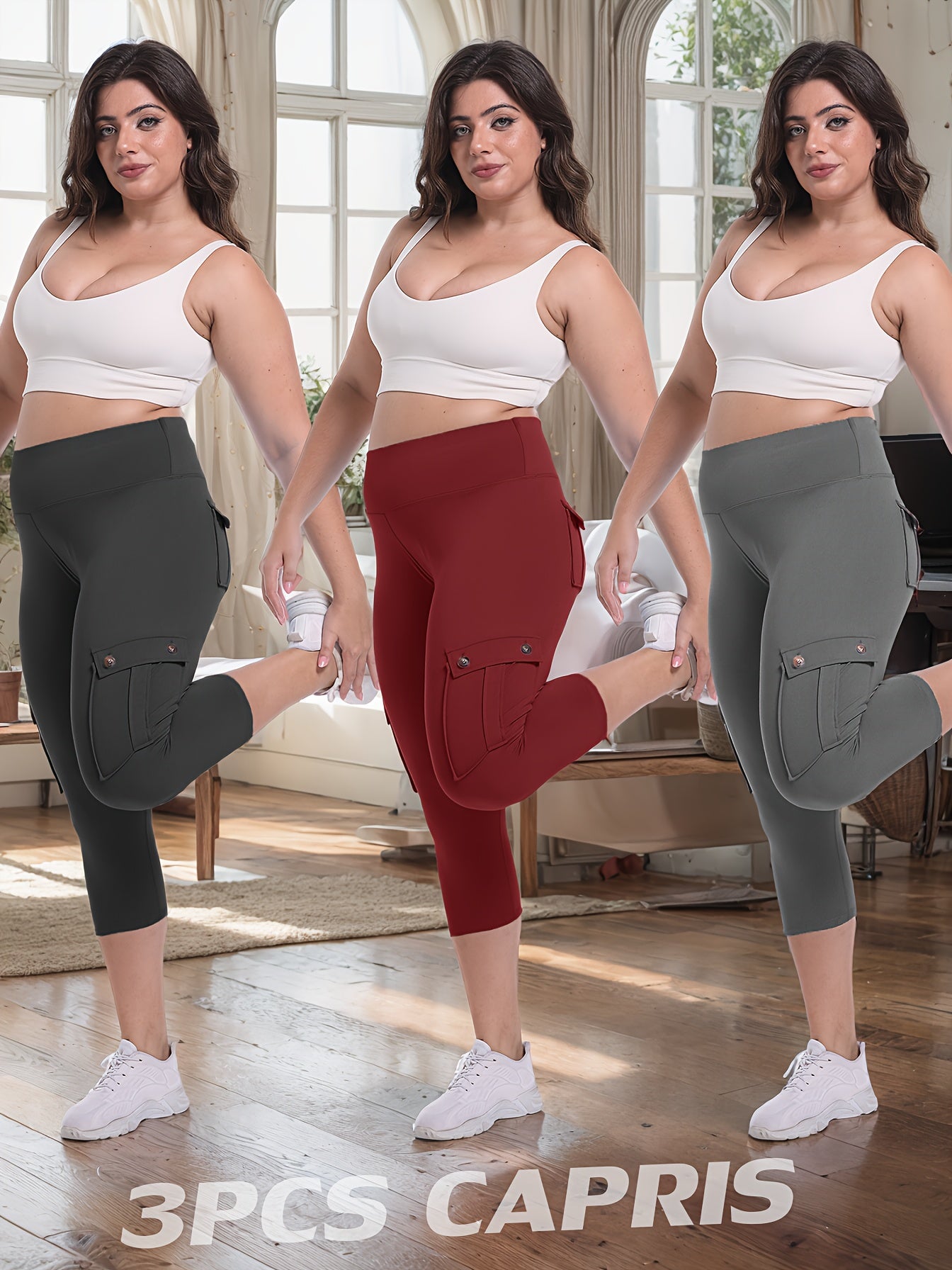 3-packs High Waist Yoga Capri Pants 3pcs Capri Pants Set, 4 Way Stretch Butt Lifting Tummy Control, 4 Button Pockets Workout Running Sports Pants
