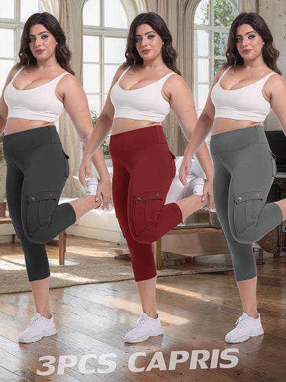 3-packs High Waist Yoga Capri Pants 3pcs Capri Pants Set, 4 Way Stretch Butt Lifting Tummy Control, 4 Button Pockets Workout Running Sports Pants
