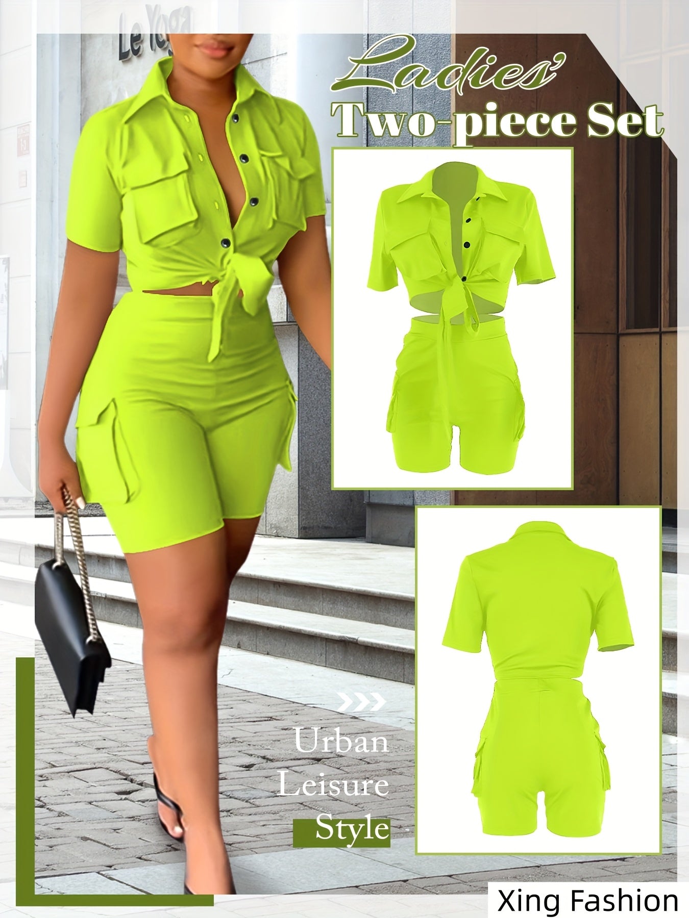 Women 2pcs Outfits Summer Casual Short Sleeve Button Top Biker Shorts with Pockets Solid Color Streetwear Set