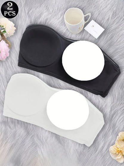 2pcs Strapless Bandeau Bras Tube Top Front Closure Wireless Bra Summer Traceless Bras Solid Seamless Bra Sexy Comfy Push Up Bra Women's Smoothing Backless Tube Top Lingerie Woman Underwear Bralette Brad