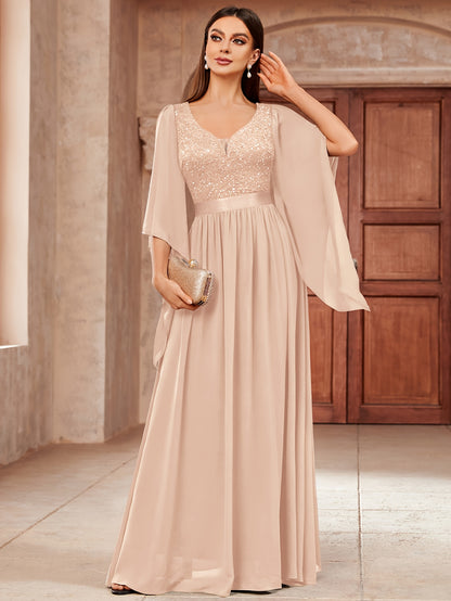 53303 Elegant Women's Lace & Sequin Bridesmaid Dress - A-Line Maxi Wedding Gown with 3/4 Bell Sleeves, V-Neck Color-Block (Bodice &), Machine Washable Bridesmaids Gown for Weddings, Parties, Prom