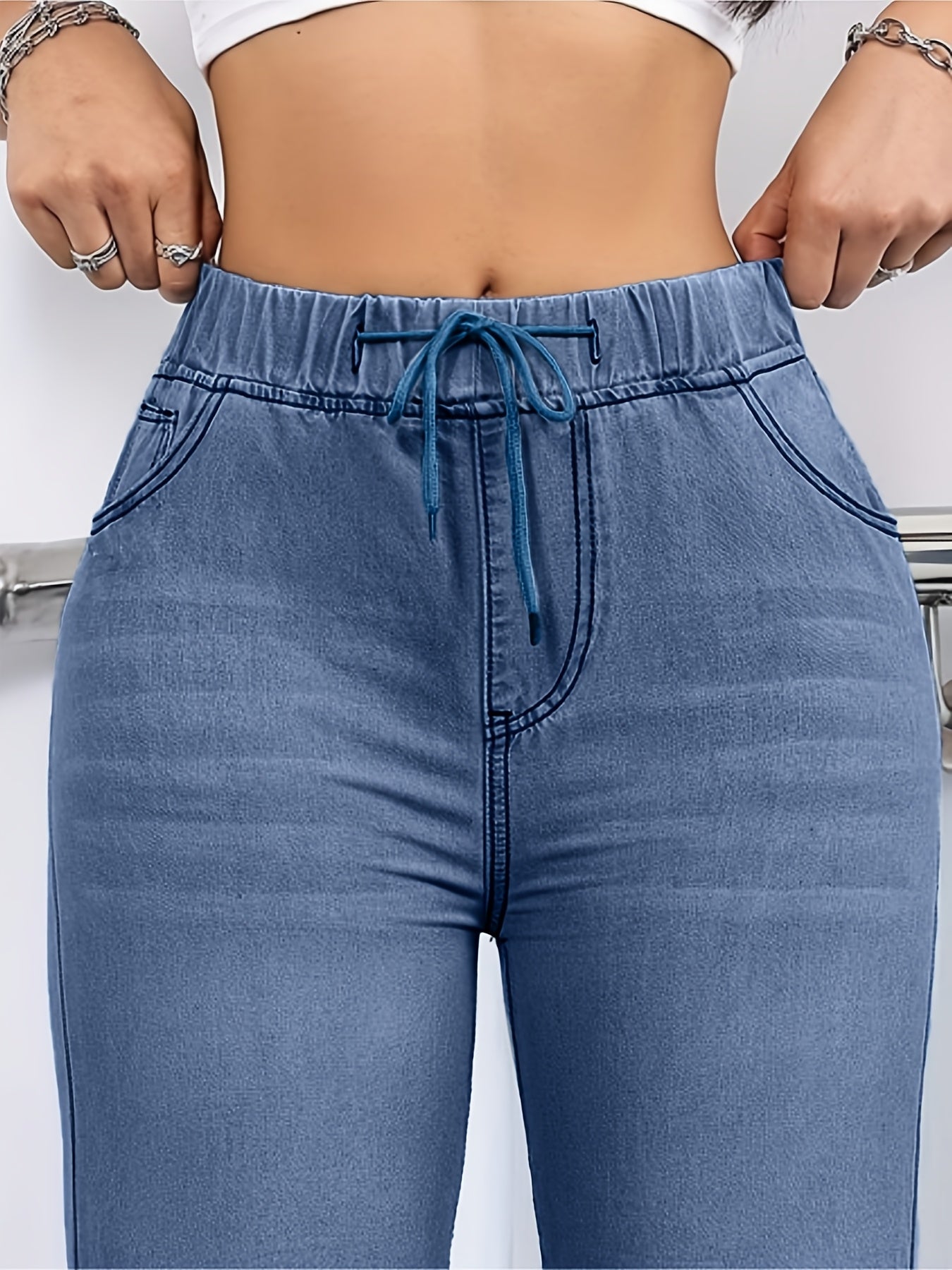 [Drawstring Waist Jeans] Plus Size Women's Drawstring Waist Straight Leg Jeans | High Waist Stretchy Washed Denim | Casual Trendy Comfy Jeans for Daily Wear | Flattering Fit