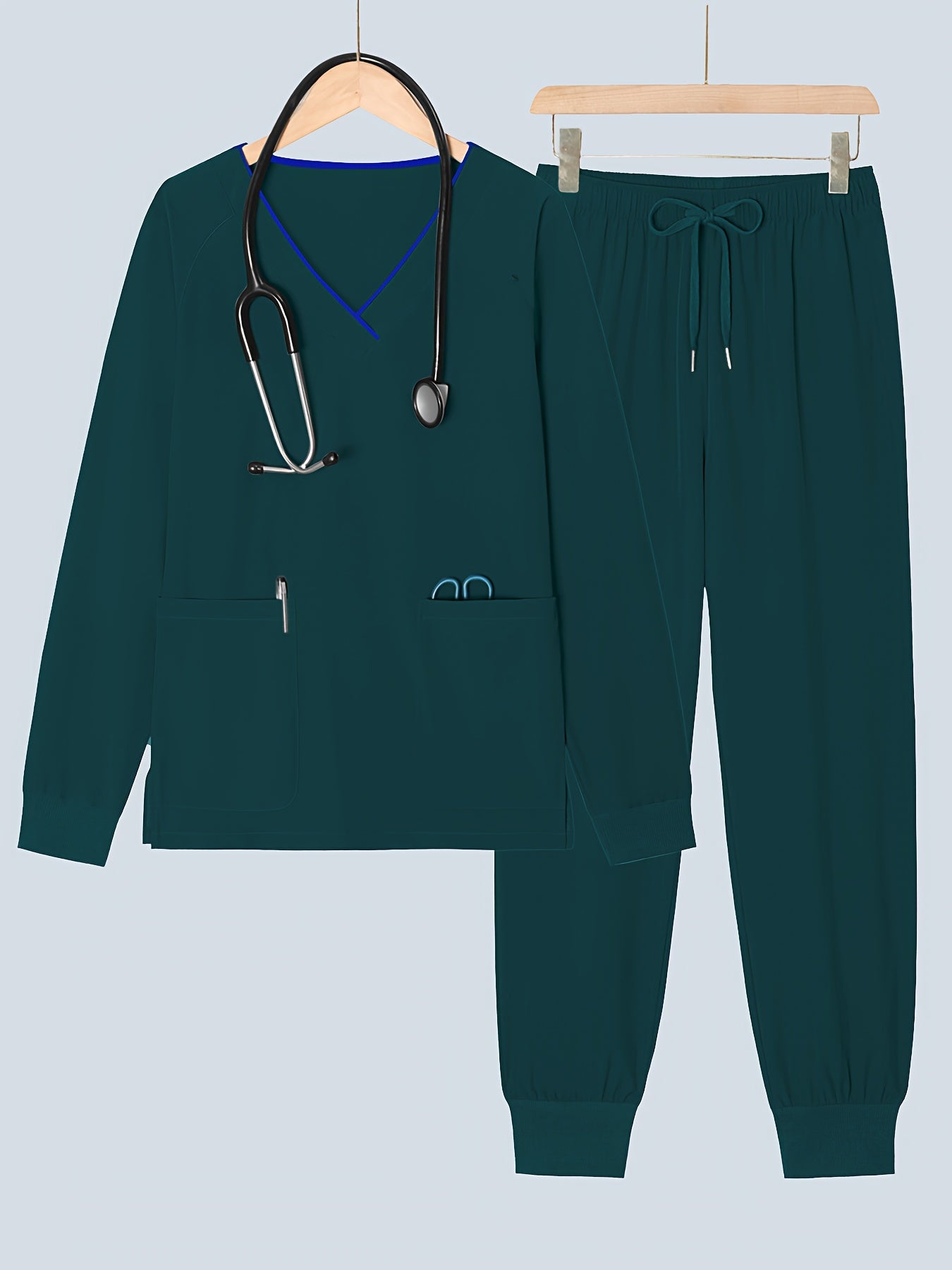 2pcs Women's V-Neck Matte Suit with Long Sleeve Stretch S Uniform Work Clothes Washable Pockets Breathable Elastic Top And Waist Cord Pocket Pants Set