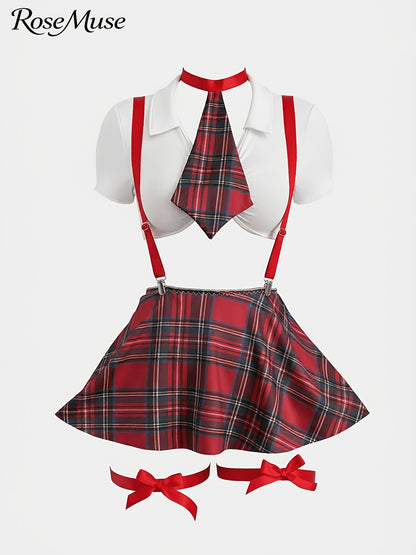 New European And American Style Plus-Size Women'S Cosplay Uniform Set: Plaid Suspender Mini Skirt, Top, Panties, Bow Tie, And Bow Leg Cuffs - 8pcs Set, Laid Skirt Sleeves Uniform Lingerie Set