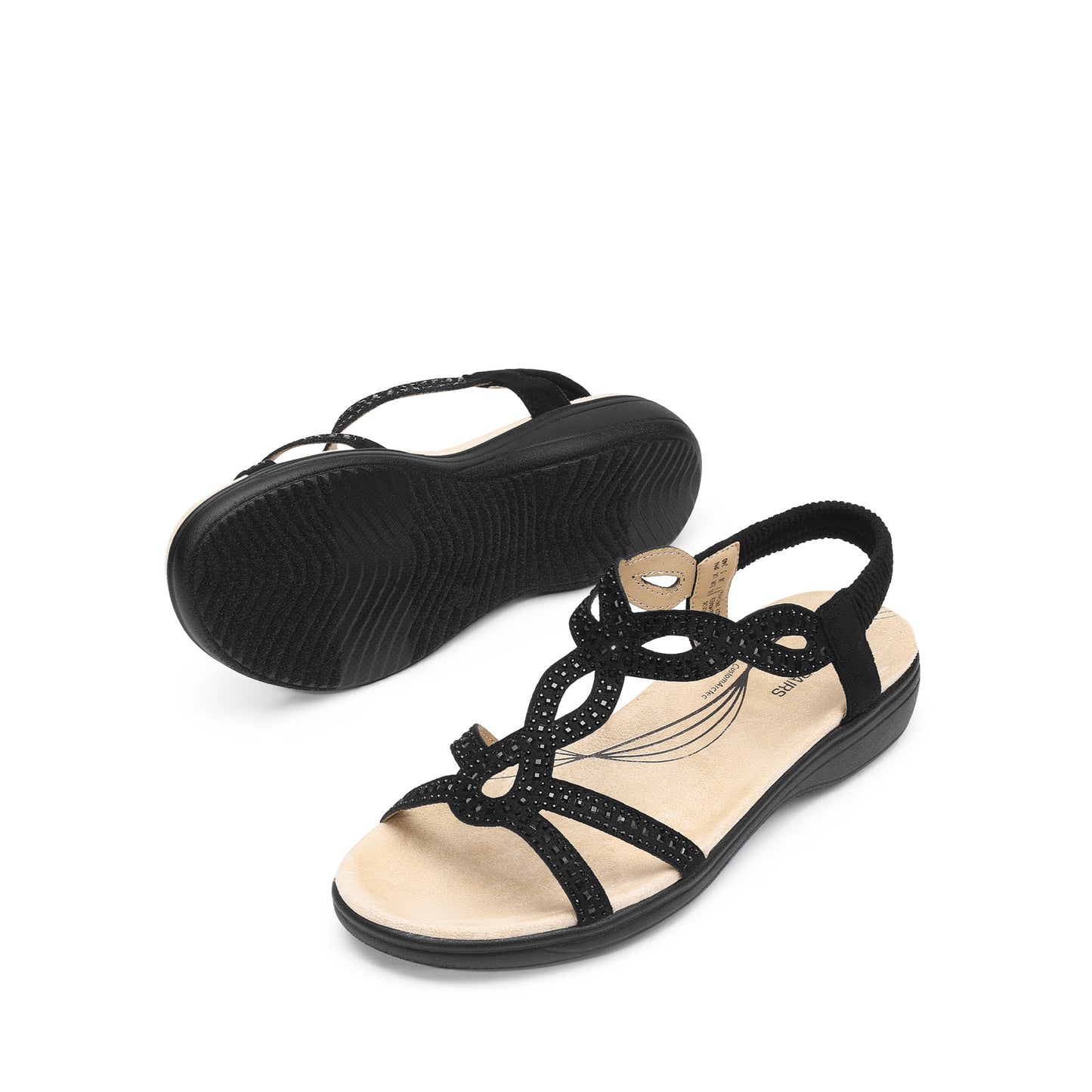 Women's Comfort Dressy Rhinestone Summer Beach Sandals Slip-on Flat Walking Orthopedic Sandals with Elastic Back Strap Soft & Cushioned Day-to-night wear Sandals