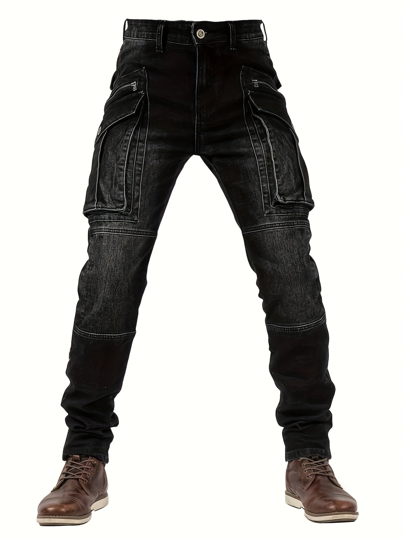 Men'S Wear-resistant Zipper Large Pocket Motorcycle Cycling Pants Vintage Washed Elastic Jeans