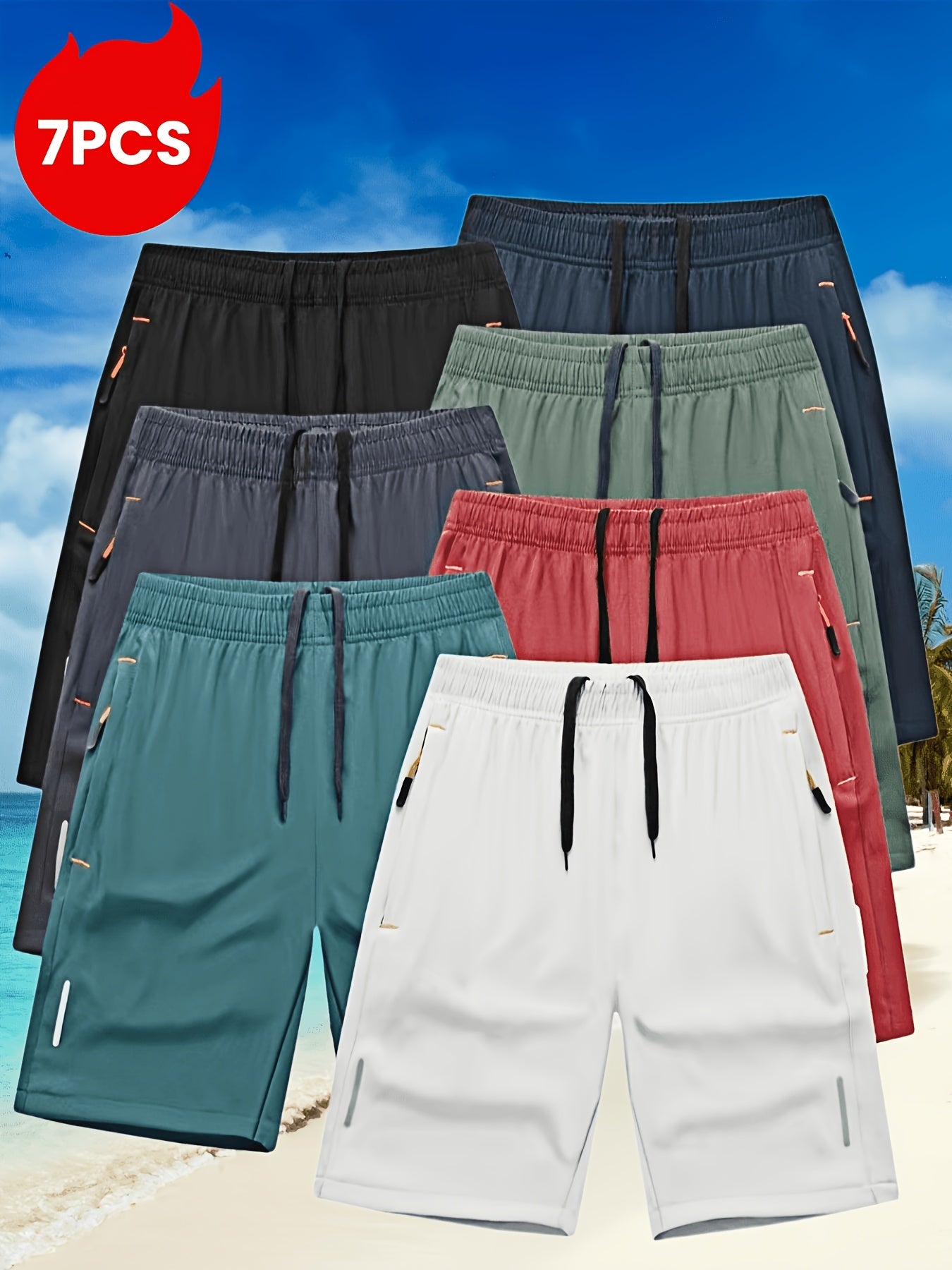 7pcs Lightweight Quick-Drying Sports Shorts with Pocket Embossed - Comfortable Drawstring Waist, Casual And Fitness Clothing, Orange/Black/Blue/Grey/Bean Green/Lake Blue/White/Shorts