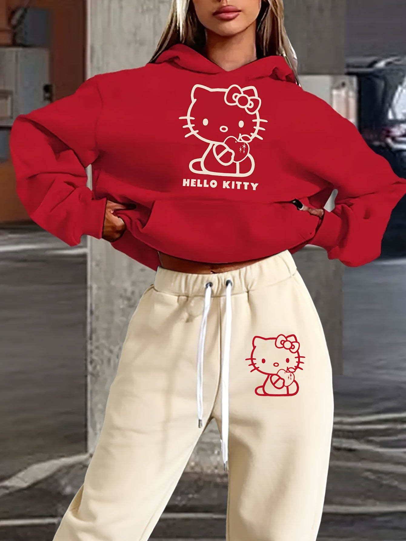 Women's Autumn and Winter Fashion Casual Sweater Casual Pants 2pcs Set, Printed with Sanrio Hello Kitty Pattern Print Design, Women's Casual Pants Set, Fashion Hooded Sweater + Drawstring Trousers 2pcs Set, Loose Version