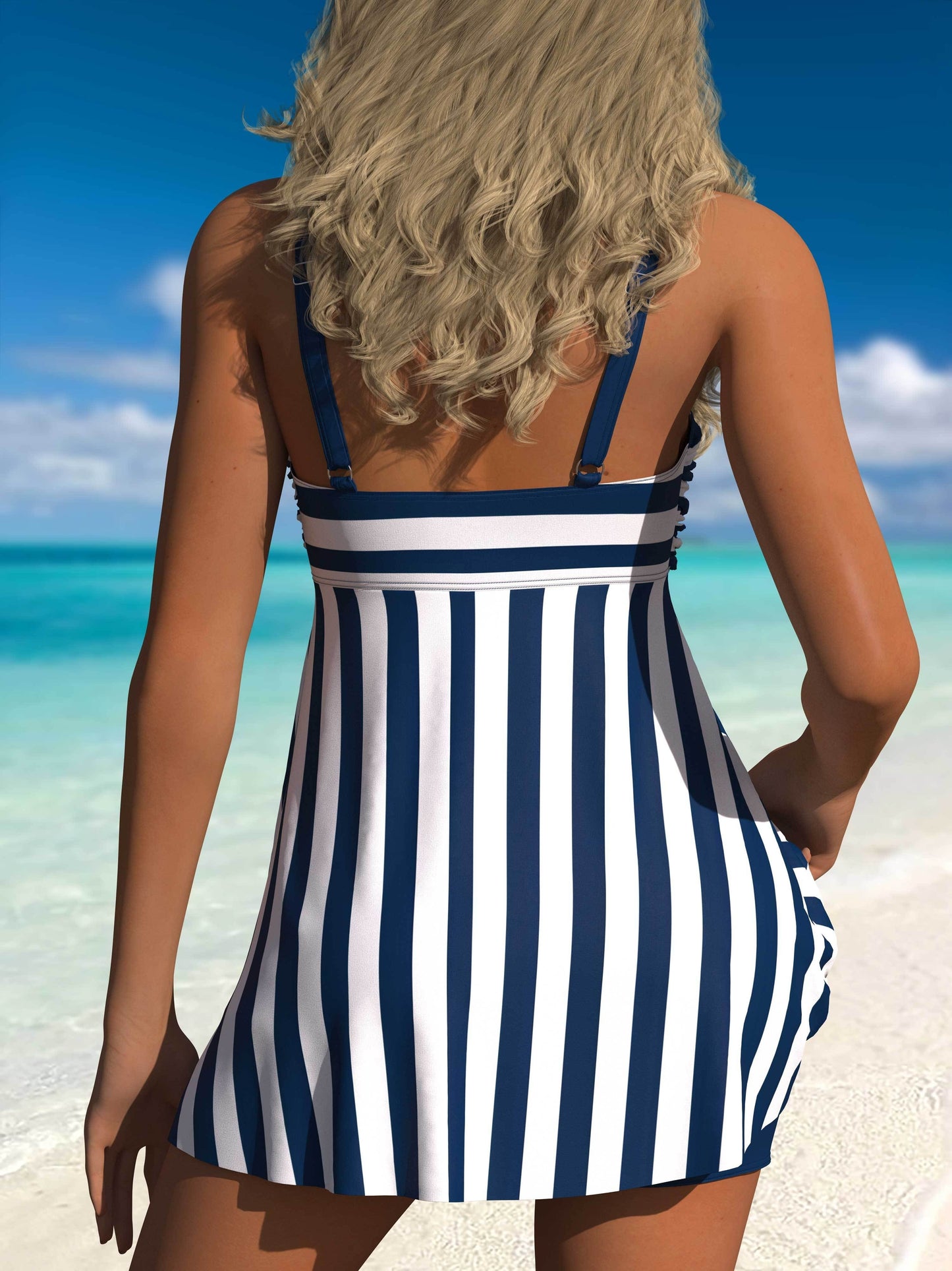 Striped Print 2 Piece Set Tankini, Ruched Skirted Boxer Short Bottom Swimsuits, Women's Swimwear & Clothing