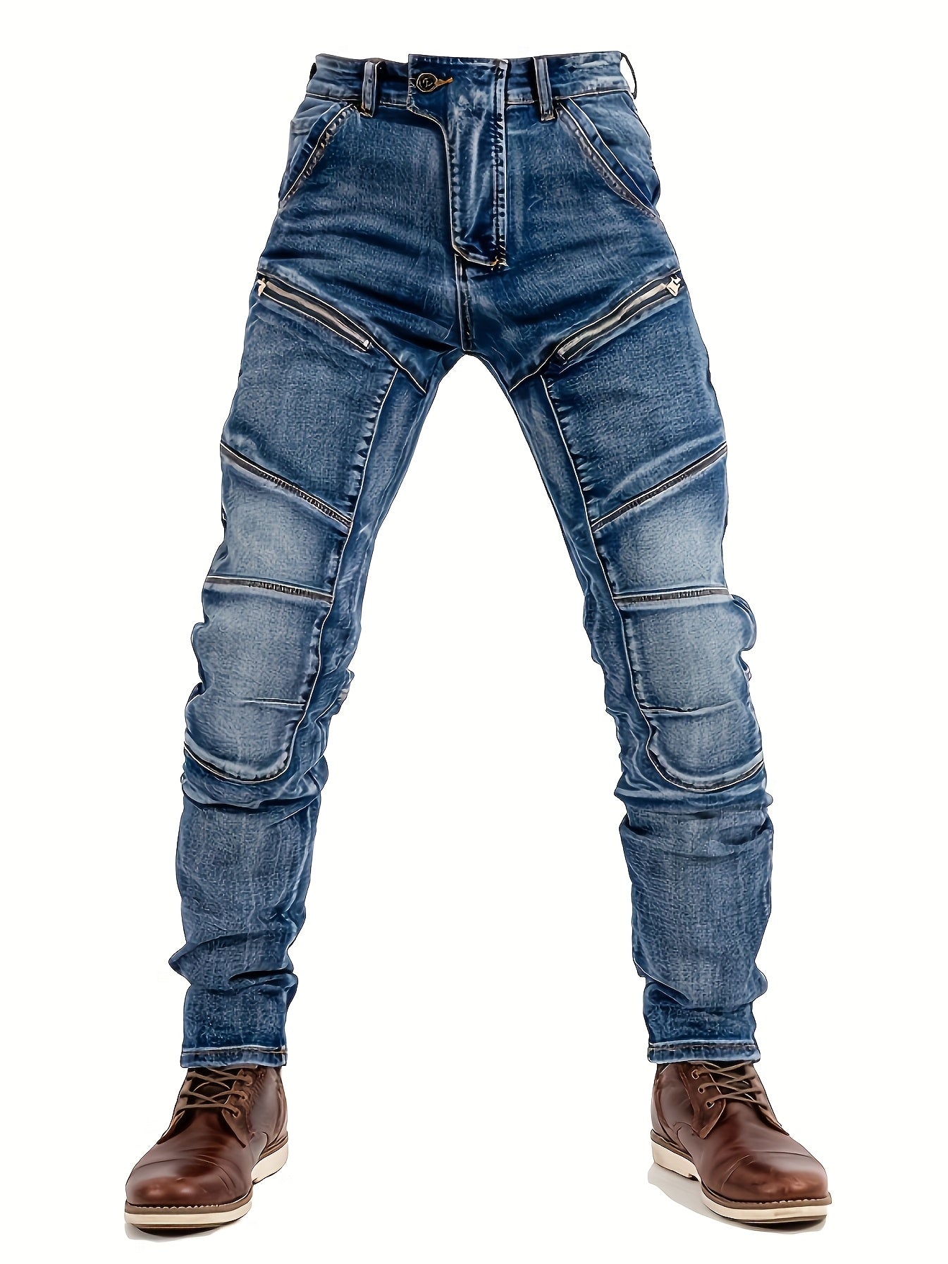 Men's Vintage Washed Motorcycle Pants - Slim Fit Stretch Denim with Elastic Panels, Mid-Stretch Comfort & Zipper Closure, Machine Washable All-Season Casual Riding Jeans