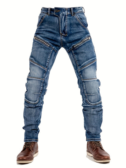 Men's Vintage Washed Motorcycle Pants - Slim Fit Stretch Denim with Elastic Panels, Mid-Stretch Comfort & Zipper Closure, Machine Washable All-Season Casual Riding Jeans