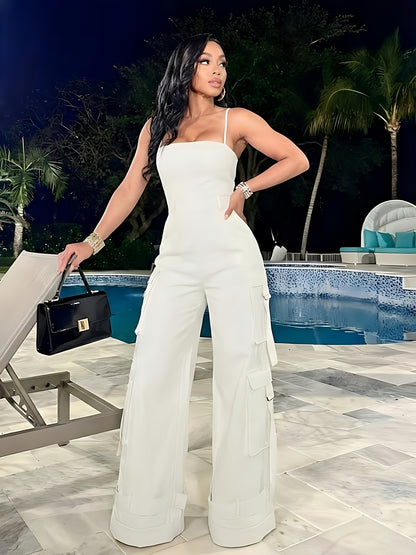 Teenager'S Jumpsuit - Teenager'S Long Wide-leg Utility Jumpsuit, High-waist With Multiple Pockets, Casual Summer Clothing, Street Fashion Camisole Backless Long Jumpsuit, for Outdoor, For Teenager
