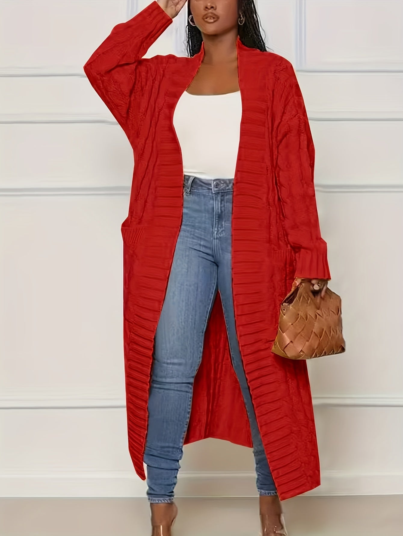 Plus Size, Large Size Twisted Flower Long Cardigan with Large Pockets, Loose Sweater Jacket for Autumn and Winter Fashion, Over the Knee for Outerwear