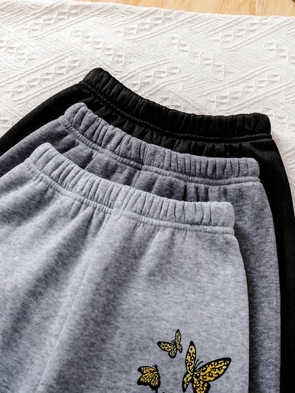 Girls' 3pcs Set -Lined Thickened Cute Butterfly Print Trousers, Comfortable Warm Long Pants for Daily Casual Wear, Perfect for Outdoor