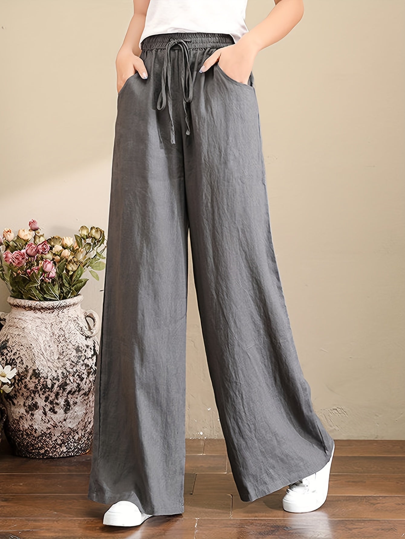 Women's Palazzo Pants Drawstring Waist Wide Leg CLoose Trousers with Pockets Comfort