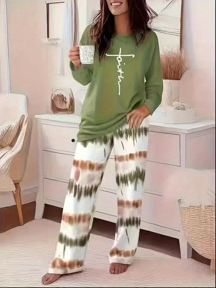 Round Neck Printed Long Sleeve Gradient Wide-leg Pants Casual Loose Two-piece Set