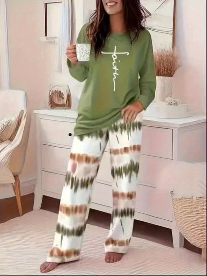 Round Neck Printed Long Sleeve Gradient Wide-leg Pants Casual Loose Two-piece Set