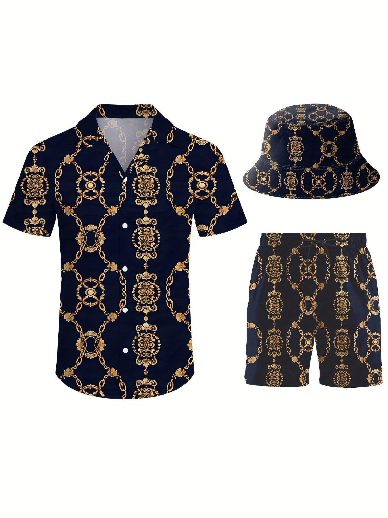 Men's 3pcs retro Outfit beach set, Golden chains sportswear, Hawaiian sportswear set, shirt beach shorts and fisherman hat Bucket Hat