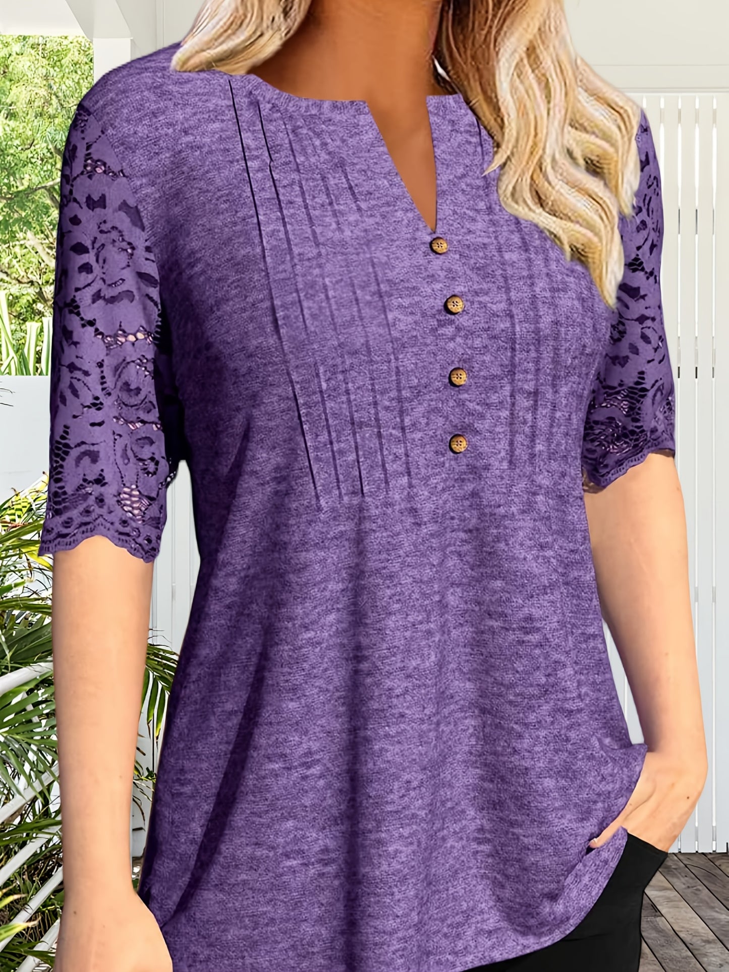 Women's Summer Pleated Button Short Sleeve T-shirt Summer V-neck Solid Color Casual Top