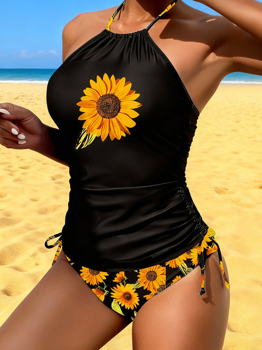 Women'S Fashion Halter Neck Sunflower Print Tankini Set, 82% Elastane 18% High Stretch Fabric, Casual Floral Lace-Up Swimwear with Conventional Bottom