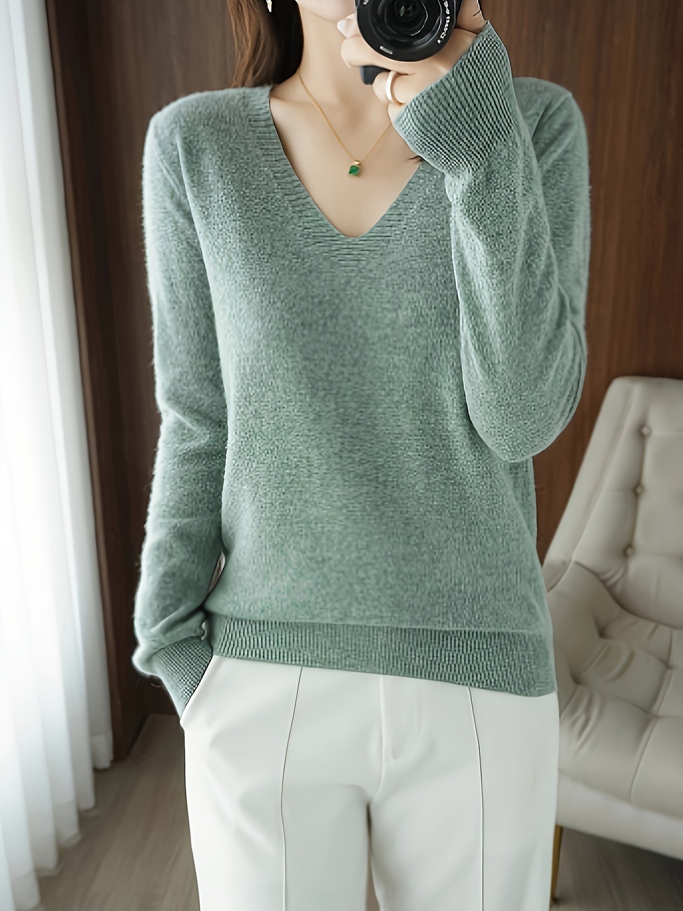 New Women's Solid Color V-Neck Knitted Base Sweater Pullover, Comfortable And Slimming Sweater For Autumn And Winter, Thin And Stylish Inner Layer, Suitable For Daily Wear