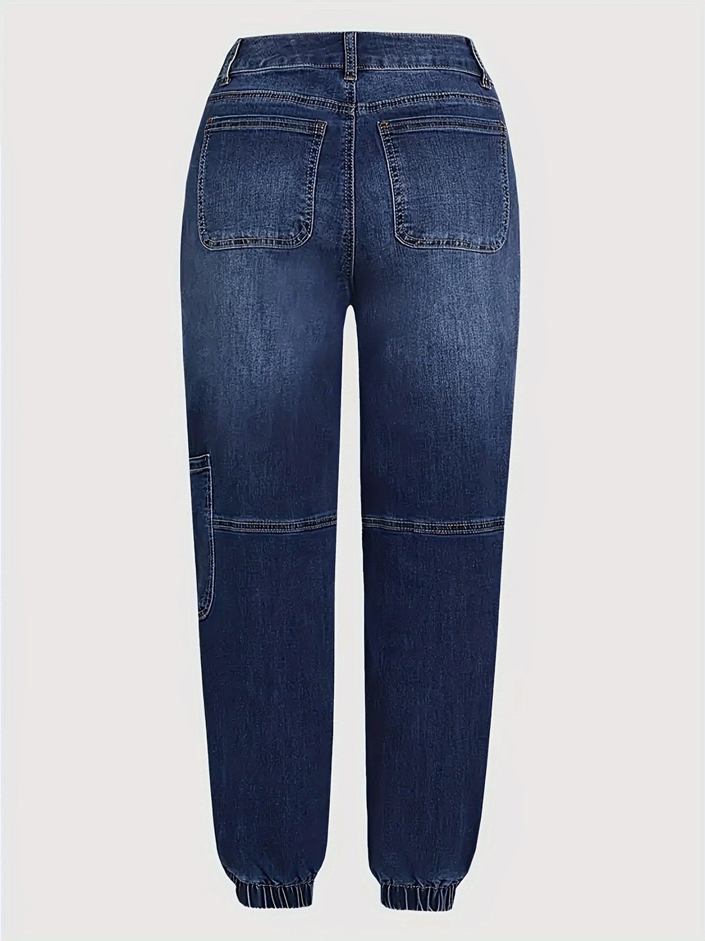 HME Women's Ankle Pants, Elastic Cargo Denim with Multiple Pockets, Heavy Wash Vintage Blue, Beltless Casual Vacation Street Style, Versatile Youthful Fashion, Autumn/Winter New Arrival