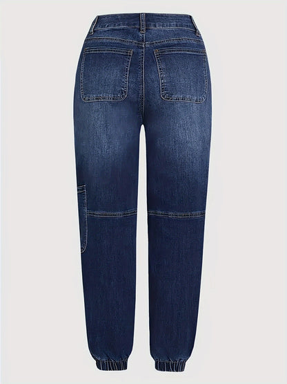 HME Women's Ankle Pants, Elastic Cargo Denim with Multiple Pockets, Heavy Wash Vintage Blue, Beltless Casual Vacation Street Style, Versatile Youthful Fashion, Autumn/Winter New Arrival