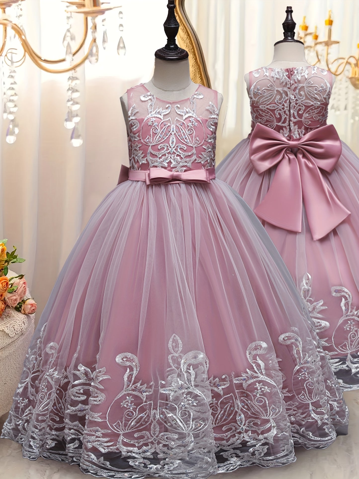 Flower Girl Lace Dress for Kids Wedding Bridesmaid Pageant Party Formal Long Gown Princess Communion Tulle Bow Dresses