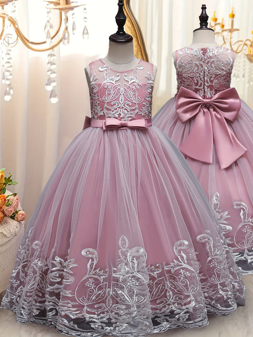 Flower Girl Lace Dress for Kids Wedding Bridesmaid Pageant Party Formal Long Gown Princess Communion Tulle Bow Dresses