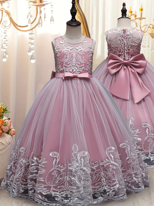 Flower Girl Lace Dress for Kids Wedding Bridesmaid Pageant Party Formal Long Gown Princess Communion Tulle Bow Dresses