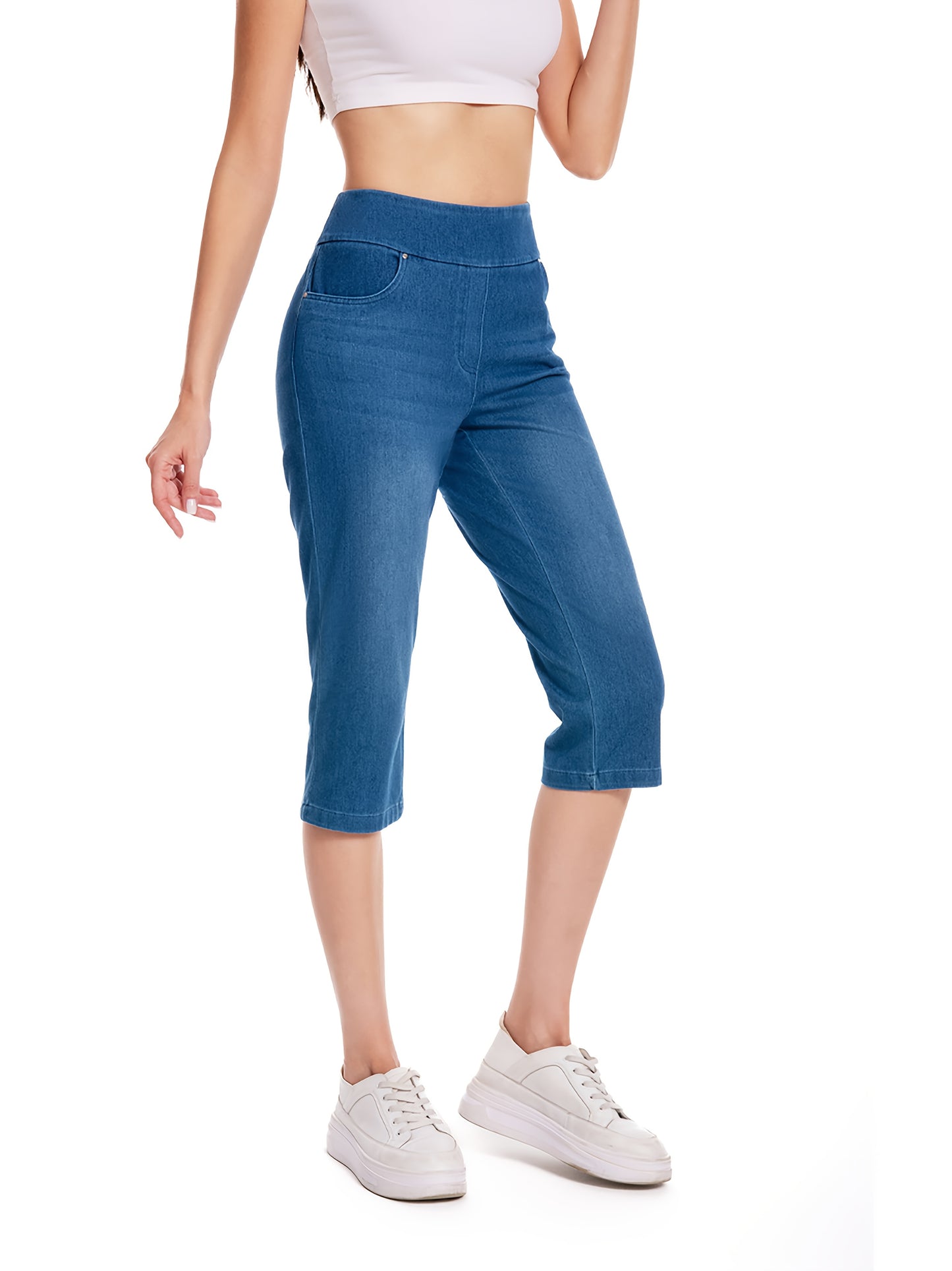 Lady Pull on Denim Capri with Pocket And Rivet Super Soft And Stretch