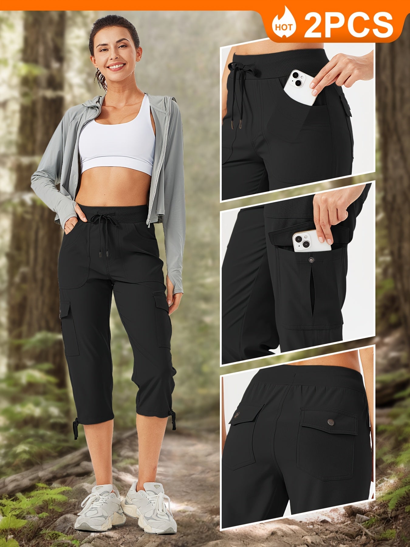 2pcs Women'S Cargo Capris Hiking Pants 50+ Quick Dry Outdoor Athletic Travel Lightweight Casual Loose Comfy Cute Pockets