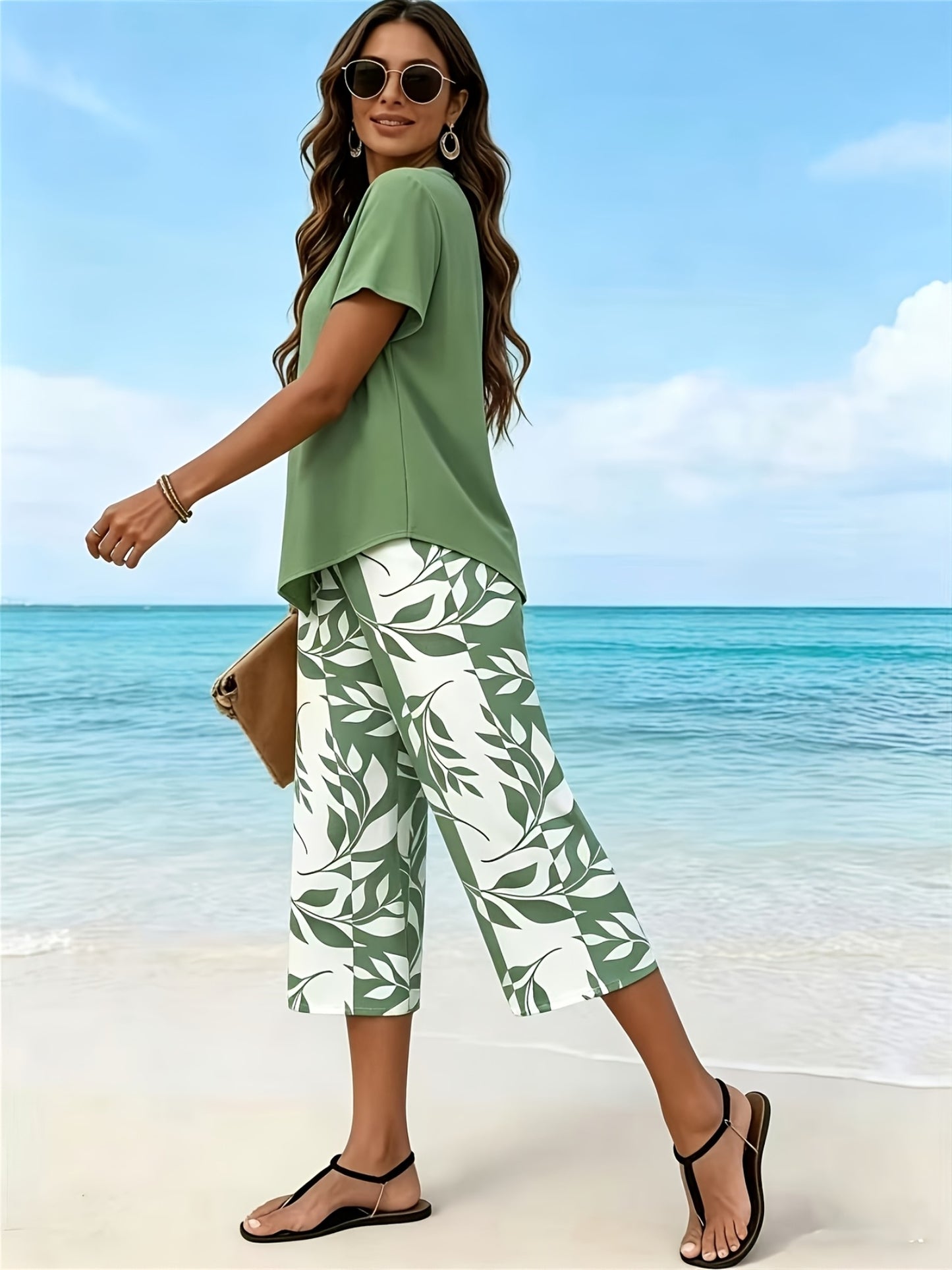 Women'S Spring/Summer Casual Two-Piece Set: Short Sleeve Round Neck Top with 7/8 Wide-Leg Pants, Loose Comfortable, Versatile for Daily Outings, Home, And Commuting