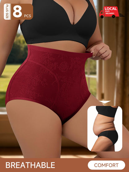 8-pair Women's Large Size Plaid Underpants- High-waisted for Abdominal Shaping, Comfortable and Non-Tightening on the Body. Traditional Chinese Plaid Design Is Elegant and Sophisticated. Ideal for Daily Casual Wear.