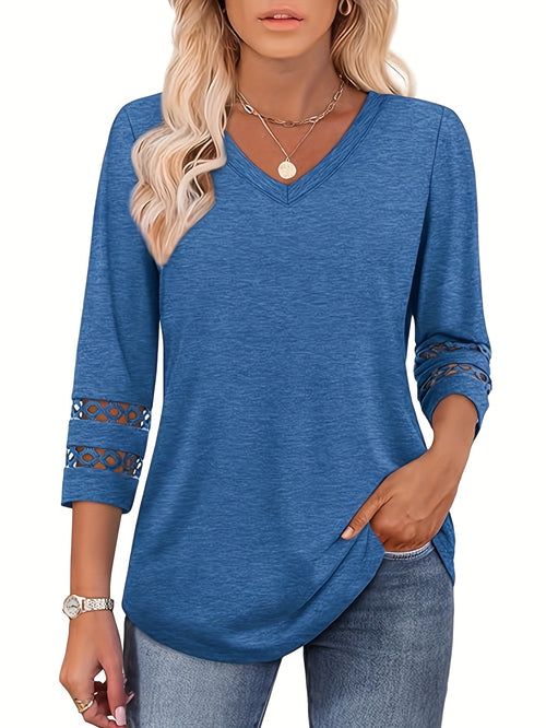 Casual Business Elegant Summer Clothing for Women Featuring a V-Neck T-Shirt with 3/4 Lace Sleeves in European And American Styles