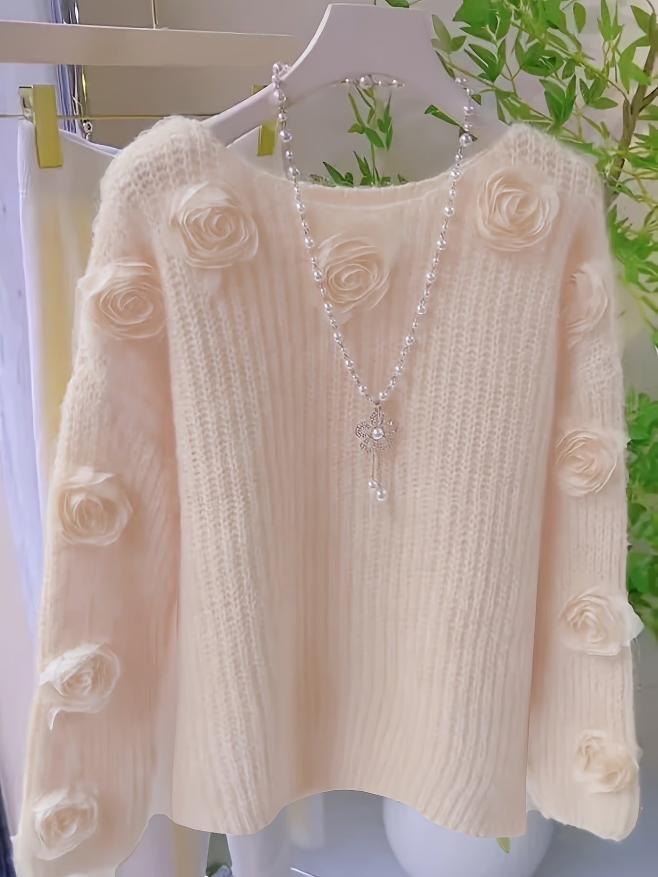 Plus Size - Plus Size - Oversized Pullover, Soft Light Yellow with Rose Lantern Sleeves, Perfect for Casual Outings And Romantic Dates