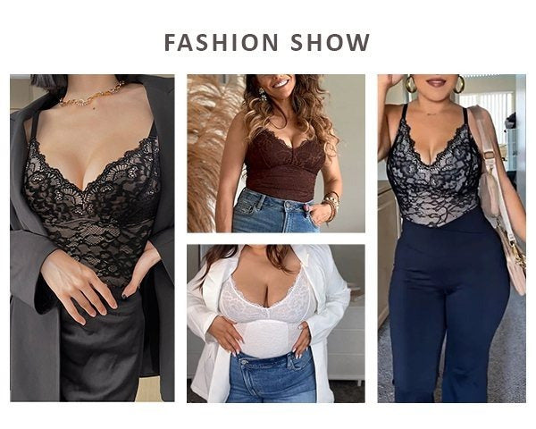 FeelinGirl Shapewear Bodysuits for Women Lace Shapewear Tummy Control V-Neck Sleeveless Bodysuit Tops Jumpsuit