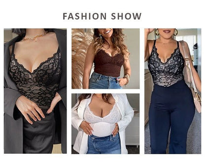 FeelinGirl Shapewear Bodysuits for Women Lace Shapewear Tummy Control V-Neck Sleeveless Bodysuit Tops Jumpsuit