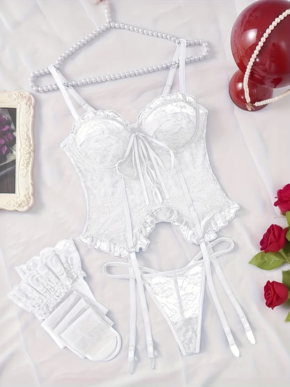 Women'S Sexy Lingerie Set with Garter Belt Lace Bodysuit Teddy Dolls Panty with Stockings, Women Teddy Lingerie Deep V Lace Lingerie Mini Babydoll Lingerie