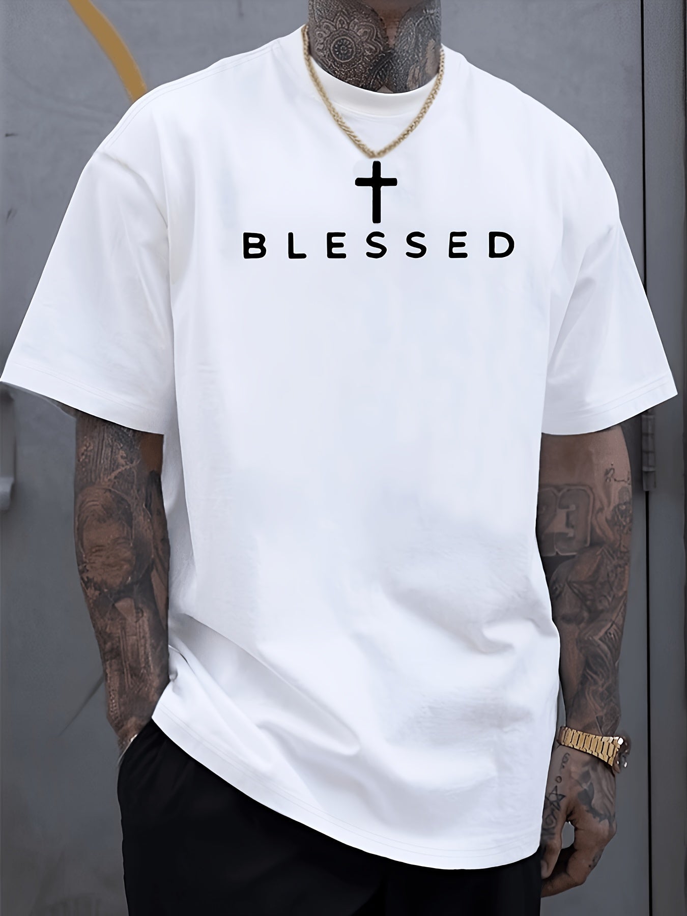 Men'S Oversized White Christian Faith T-Shirt with 'BLESSED' and Cross Print | Casual Short Sleeve Round Neck Loose Fit, Suitable for All Seasons, Comfortable Casual Wear for Church Activities and Daily Wear, Breathable Summer and Layering Essential