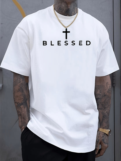 Men'S Oversized White Christian Faith T-Shirt with 'BLESSED' and Cross Print | Casual Short Sleeve Round Neck Loose Fit, Suitable for All Seasons, Comfortable Casual Wear for Church Activities and Daily Wear, Breathable Summer and Layering Essential