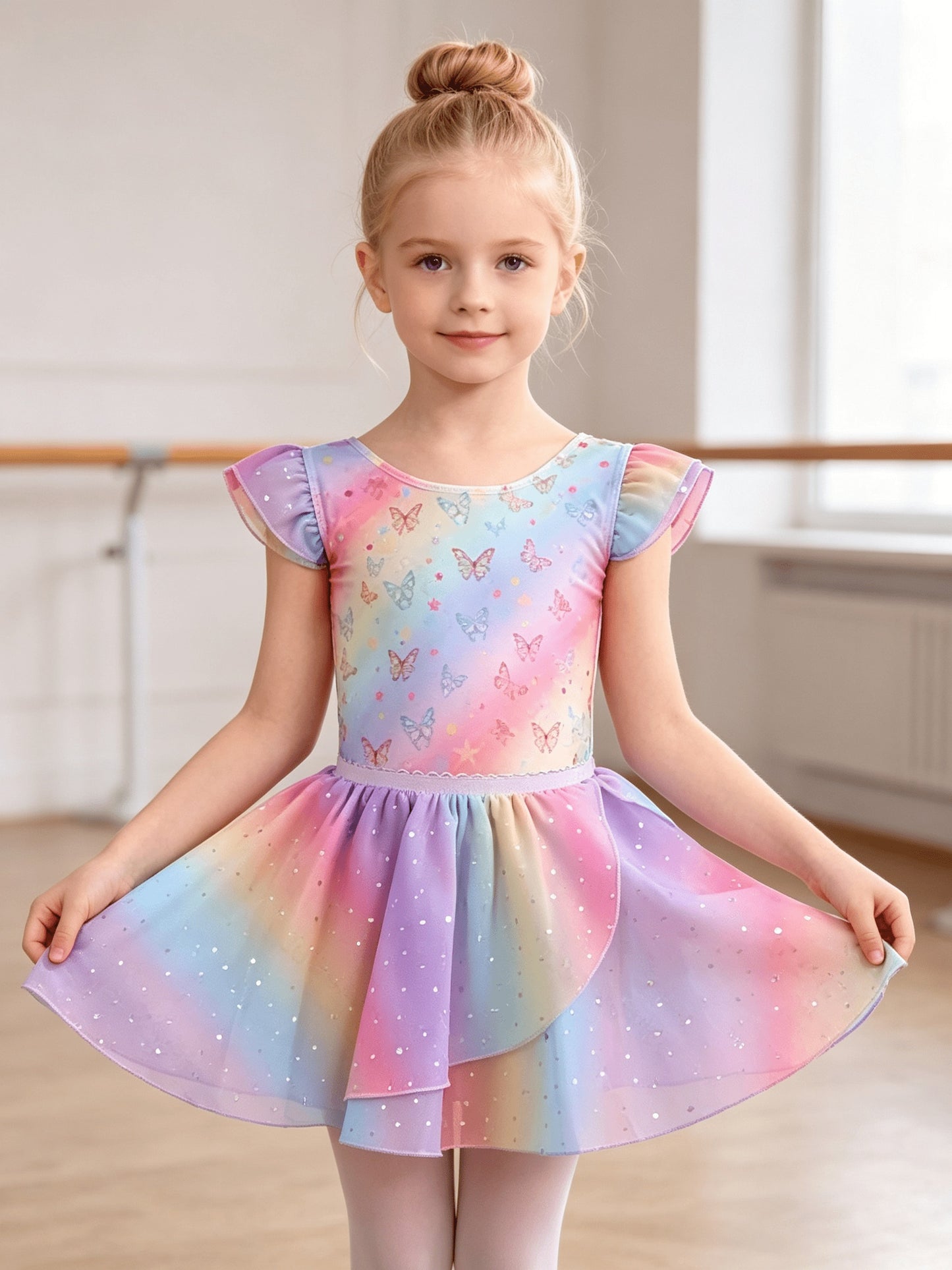 Summer New Kids' Dress, 1pc Of Gym Uniform, 1pc Of Skirt Set, Girls' Clothing Rainbow Flutter Sleeve Sequin Chiffon Dress Set, Children's Clothing Ballet Leotard, Perfect for Outdoor