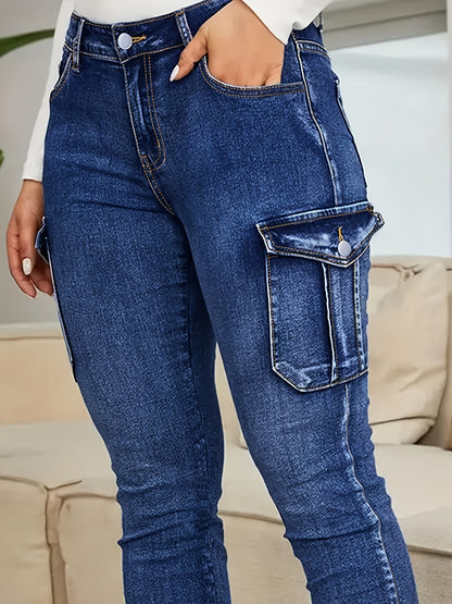 Plus Size - Women'S Plus Size High-Waist Stretchy Skinny Jeans with Pockets - Dark Blue Casual Tight Pants, Comfortable And Stylish for Casual Attire, High Waisted Jeans, Comfortable Clothing, Minimalist Design, Smooth Texture