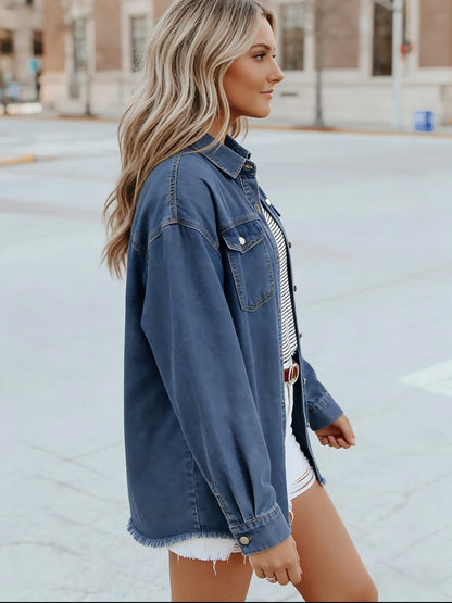 Casual Long-Sleeve Oversized Denim Jacket for Women, Distressed Jean Shirt for Fall Outfits in 2025