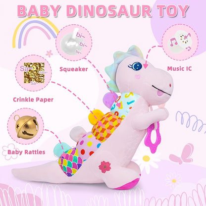 Musical Dinosaur Baby Plush Toy - Crinkle, squeak, rattle and textured sensory details