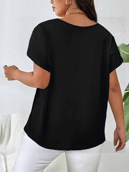 Plus Size Women'S Loose-Fitting Short-Sleeve V-Neck Tee - Stylish V-Neck Style Featuring Open Cross Elements. Perfect for Both Casual And Formal Settings During Spring And Summer, Making It Great for Everyday Wear And Special Events