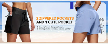 High Waisted Swim Board Shorts for Women 50+ Quick Dry Women'S Swim Trunks Bottoms with Liner Zipper Pockets
